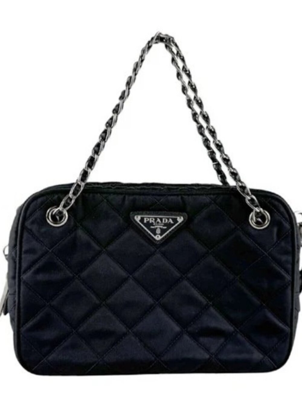 Auth PRADA Quilting Handbag Crossbody Shoulder Bag Black/Silver Nylon - z10474